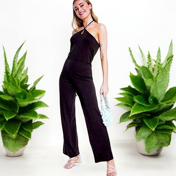Black with Silver Ring Tie Neck Sleeveless Halter Wide Leg Jumpsuit - Picture 3 of 16